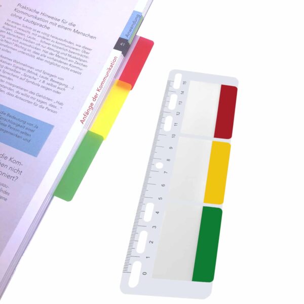 Index Tabs - Markierstreifen - Bunt Rot Grün Gelb auf Lineal - Verwendung Beispiel Buch