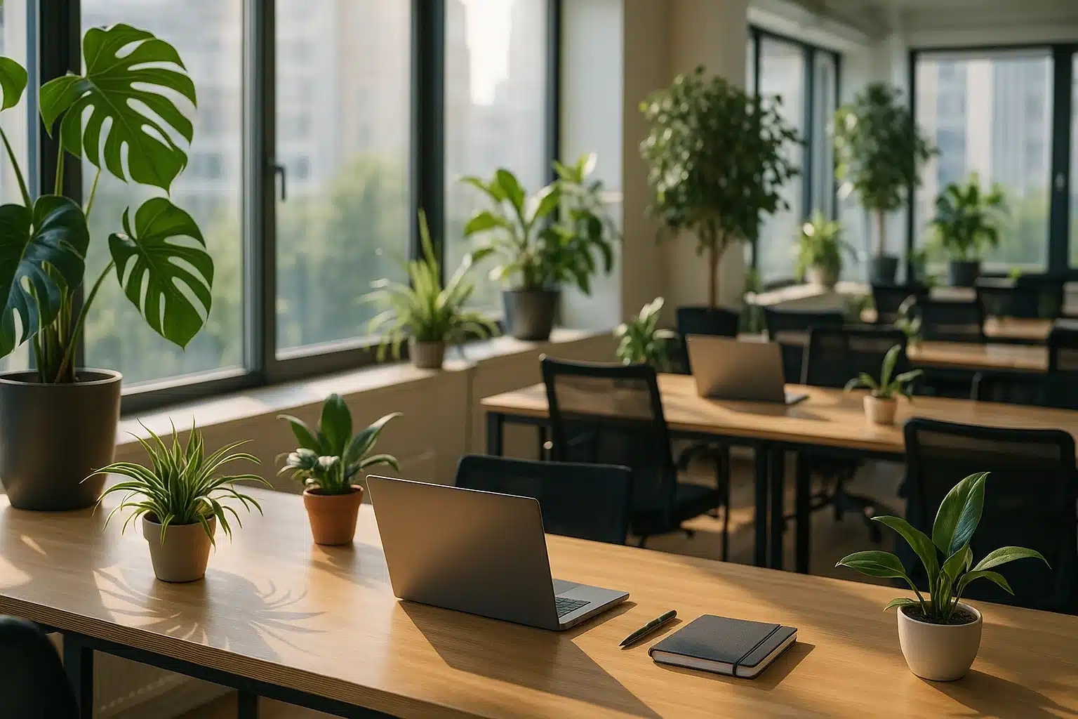 Pflanzen Büroklima in einem modernen Büro mit grünen Pflanzen, natürlichem Licht und ruhiger Arbeitsatmosphäre.