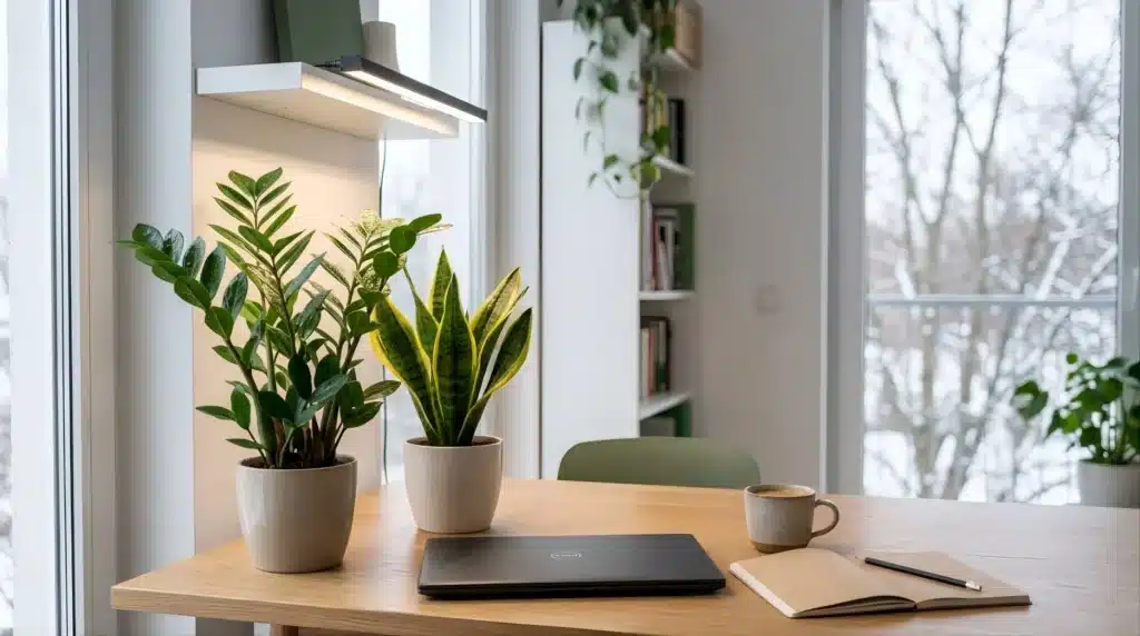Pflanzen im Büro Licht: ZZ-Pflanze und Bogenhanf auf einem Schreibtisch unter einer Pflanzenlampe am Fenster