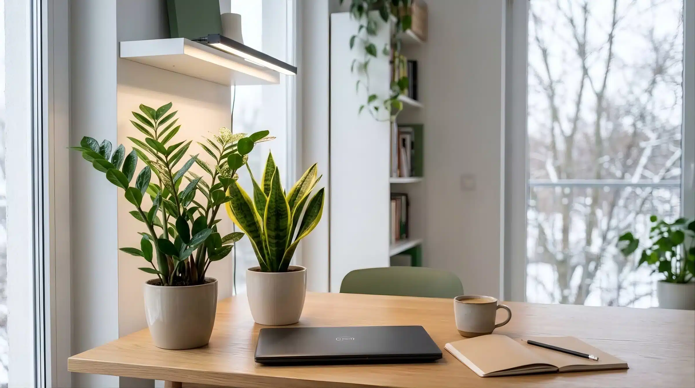 Pflanzen im Büro Licht: ZZ-Pflanze und Bogenhanf auf einem Schreibtisch unter einer Pflanzenlampe am Fenster